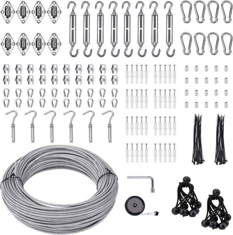 Unicaravan Shade Sail Hardware Kit 6 inch with 131FT 1/8" Wire Rope Kit for Triangle Rectangle Sun Shade Sail Outdoor Installation turnbuckles for Cables Wire for Outdoor,Garden,Kitchen,Craft,243PCS - Image 1